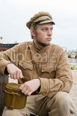 Soldier with boiler in retro style picture