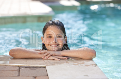 Happy Pretty Girl Child Smiling In Swimming Pool