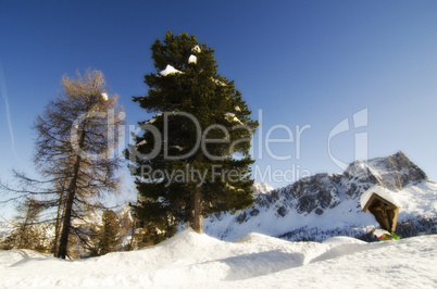 Snowy Landscape of Dolomites Mountains during Winter