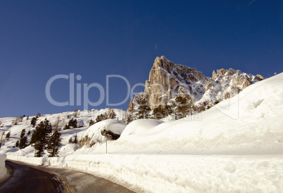 Snowy Landscape of Dolomites Mountains during Winter