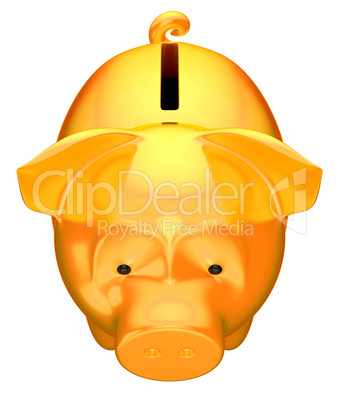 Golden piggy bank front top view