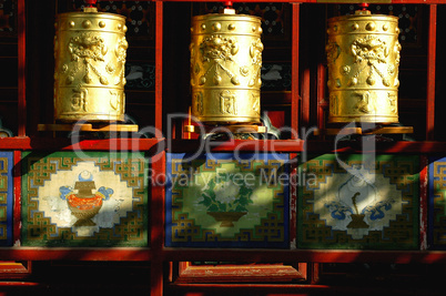 Golden prayer wheels in Tibet
