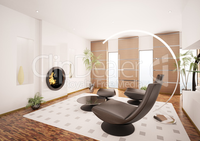 Modern living room interior with fireplace 3d render