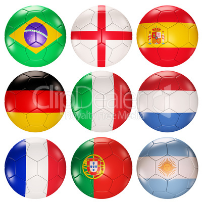 Soccer balls flags of top ranked countries 3d