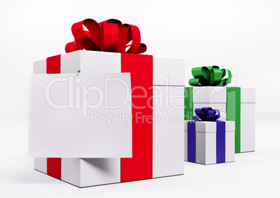 White gift boxes with red ribbon 3d