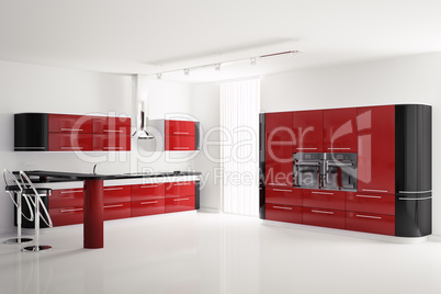 Interior of modern red black kitchen 3d