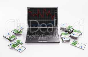 Black Laptop with chart and stacks of euros 3d