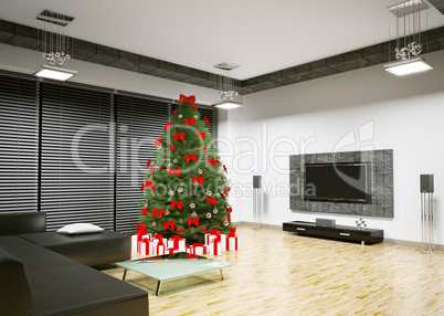 Christmas tree in living room interior 3d render