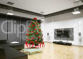 Christmas tree in living room interior 3d render