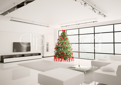 Christmas tree in living room interior 3d render