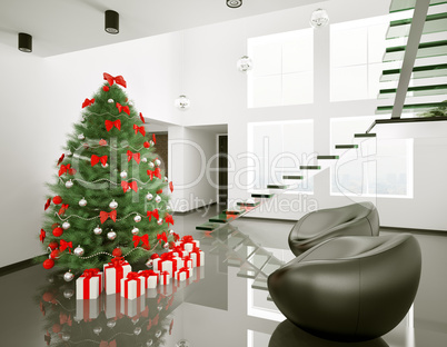 Christmas tree in the modern room interior 3d