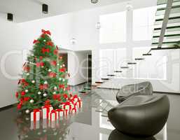 Christmas tree in the modern room interior 3d