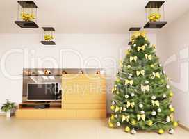 Christmas fir tree in modern living room interior 3d render