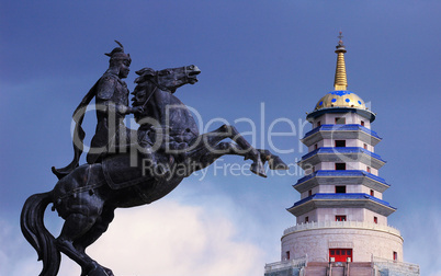 Statue of Mongolian saber and a Pagoda