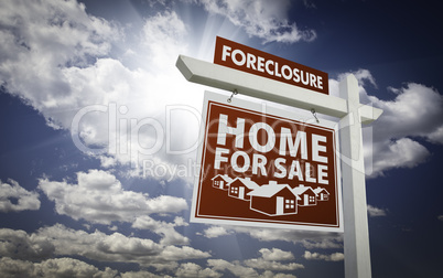 Red Foreclosure Home For Sale Real Estate Sign Over Clouds and S