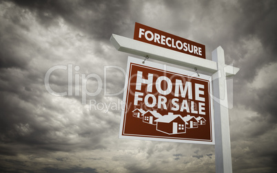 Red Foreclosure Home For Sale Real Estate Sign Over Cloudy Sky