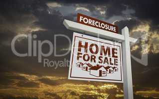 White Foreclosure Home For Sale Real Estate Sign Over Sunset Sky