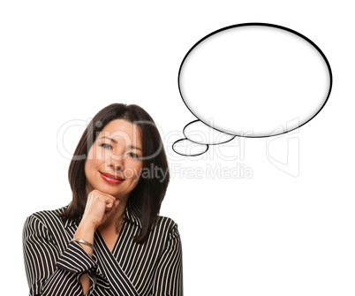 Beautiful Hispanic Woman and Blank Thought Bubbles Isolated on W