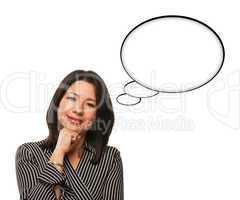 Beautiful Hispanic Woman and Blank Thought Bubbles Isolated on W