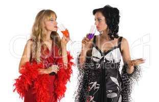 Two mature woman drink color poison alcohol