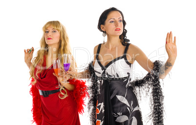 Two mature woman drink color poison alcohol