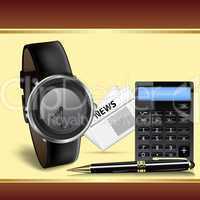 wrist watch, calculator and pen
