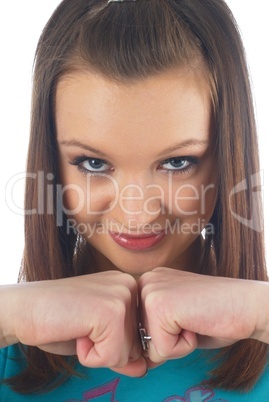 Woman showing fists