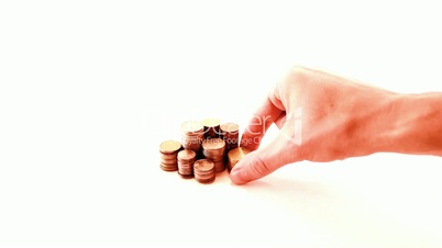 Hand and coins, isolated on white background