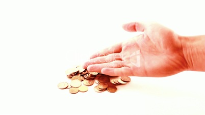 Hand and coins, isolated on white background