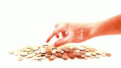 Hand and coins, isolated on white background