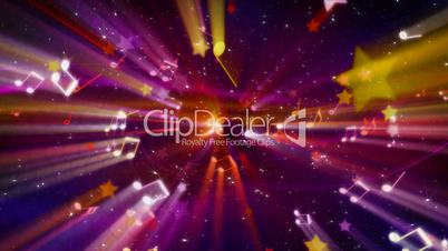 loopable musical background flying shiny notes, stars and particles