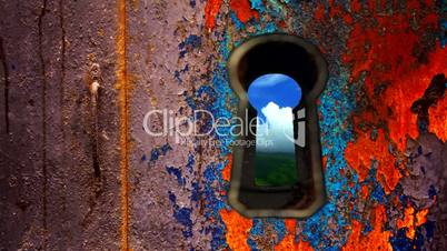 Looking through keyhole at timelapse blue sky
