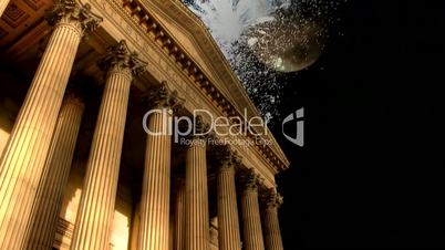 Full moon and fireworks explode over classic building