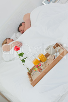 Lovers sleeping after having breakfast