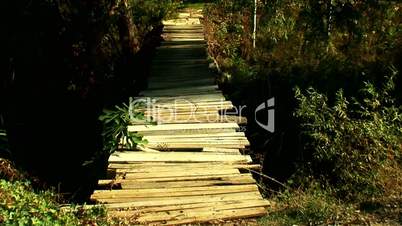 Rickity wooden bridge over stream