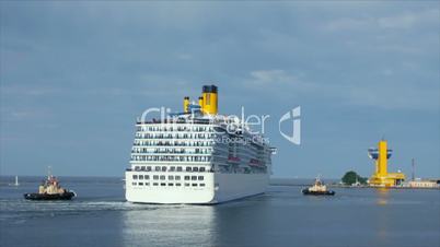 A luxury cruise ship leaving port