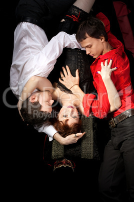 red woman in mask and two men - love triangle