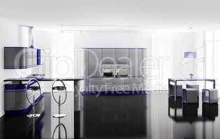 Interior of modern kitchen with bar table and stools 3d