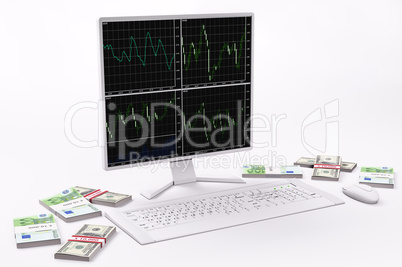 White LCD,keyboard,mouse, dollars and euros 3d