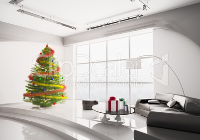 Christmas fir tree in living room interior 3d render