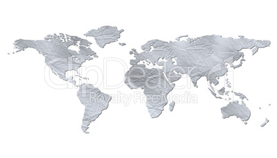 Weltkarte mit blauer, zerknitterter Papierstruktur, freigestellt (isolated world map)