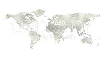 Weltkarte mit grauer, zerknitterter Papierstruktur, freigestellt (isolated world map)