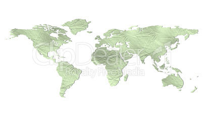 Weltkarte mit grüner, zerknitterter Papierstruktur, freigestellt (isolated world map)