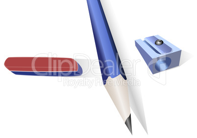 Pencil, pencil sharpener and an elastic band