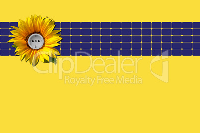 Ökostrom - Steckdose, Sonnenblume und Solarzellen
