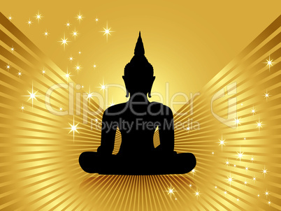 Schwarze Buddha Silhouette mit goldenen Strahlen und Sternen