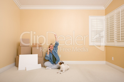 Excited Woman on Phone Near Boxes and Blank Signs