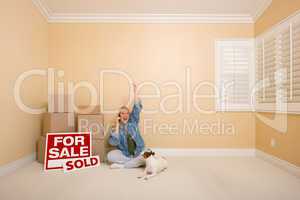 Sold Real Estate Signs, Boxes and Happy Woman on Phone