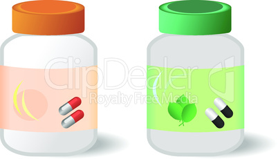 Two bottles with tablets are isolated on white background