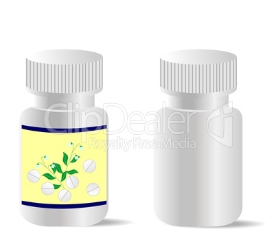 Two realistic bottles with tablets are isolated on white backgro